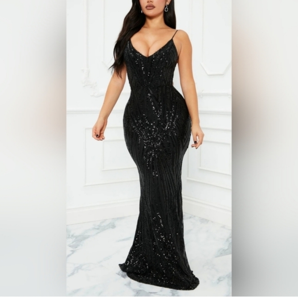 Fashion Nova First Class Sequin Black Gown